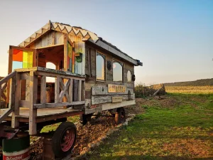 Another image from the outside of our circus glamping wagon at Bickley Rigg Farm during sunset. Dalby Forest, North Yorkshire.