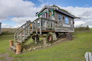 A full image from outside of our circus glamping wagon on our farm in Dalby Forest, North Yorkshire.