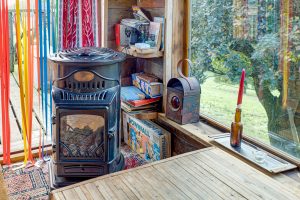 An image of our gas powered cast iron heater in our oxo glamping wagon in Dalby Forest, North Yorkshire.