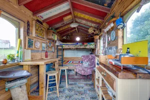 An image of the interior in our wagon in Dalby Forest, North Yorkshire. This is our circus glamping wagon.