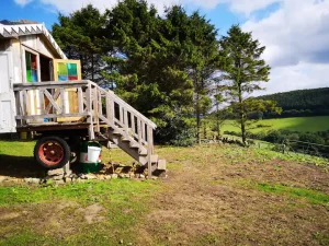 This is a photo of the front of the circus wagon balcony and steps from outside looking over to the private views. Dalby Forest, North Yorkshire.